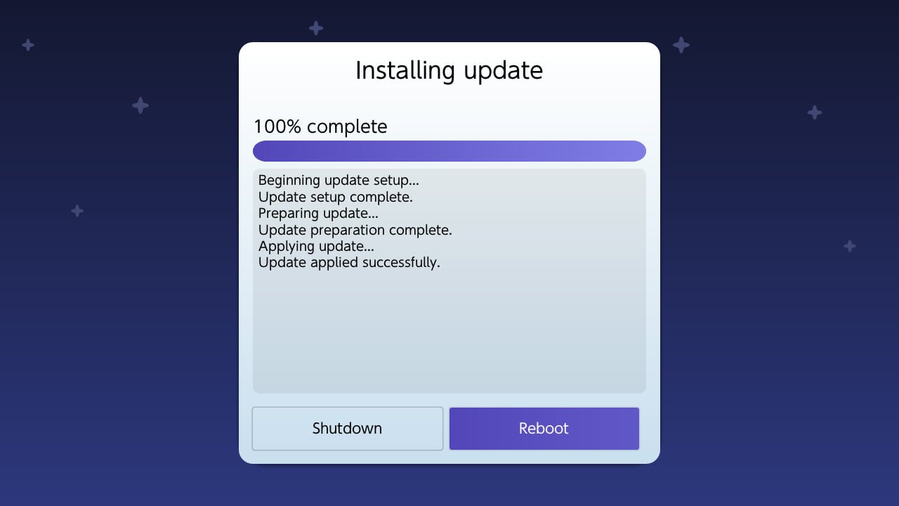 耐心等待安装固件包结束后点击Reboot 耐心等待安装固件包结束后点击Reboot